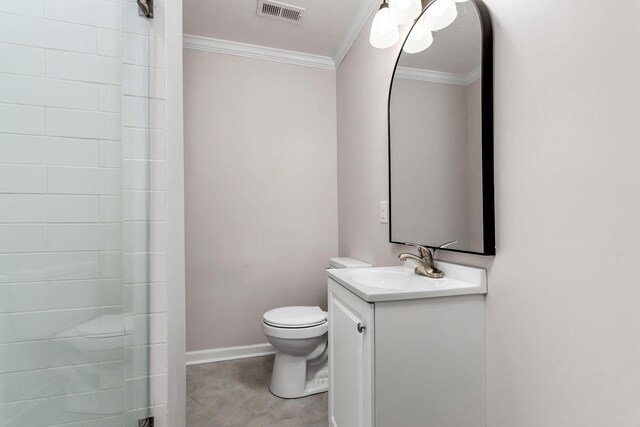 bathroom with tile patterned floors, crown molding, toilet, and vanity