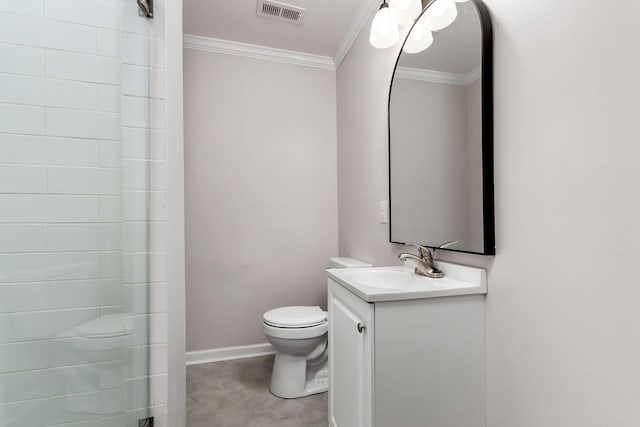 bathroom featuring vanity, crown molding, toilet, and walk in shower