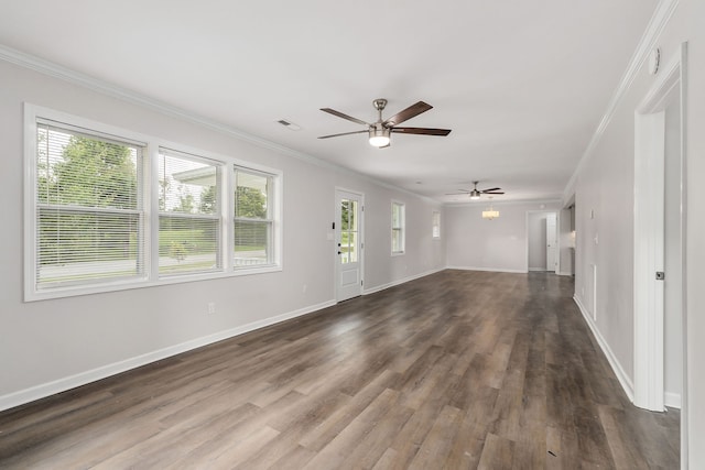 unfurnished living room featuring wood-type flooring, ceiling fan, and crown molding