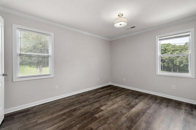 unfurnished room featuring ornamental molding and dark hardwood / wood-style floors