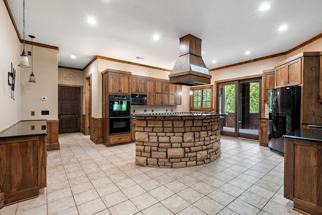 kitchen featuring crown molding, island range hood, light tile patterned floors, pendant lighting, and black appliances