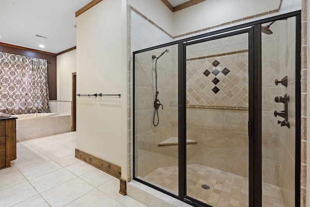 bathroom with ornamental molding, tile patterned floors, and plus walk in shower