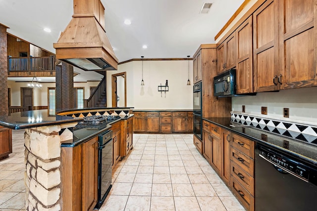 kitchen featuring a breakfast bar, decorative backsplash, custom exhaust hood, a center island, and black appliances