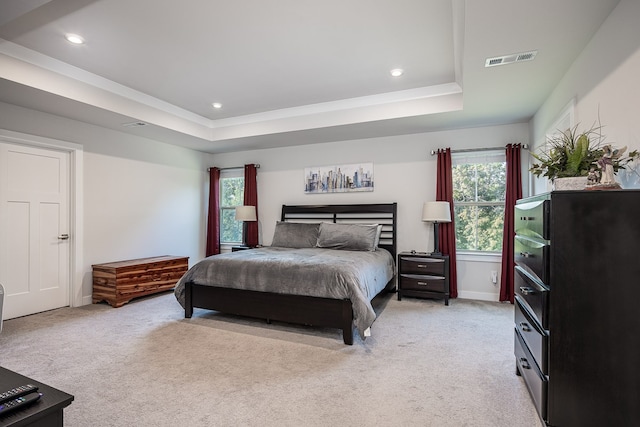 carpeted bedroom featuring a raised ceiling and multiple windows