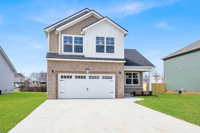 view of front facade featuring an attached garage, driveway, board and batten siding, and a front yard