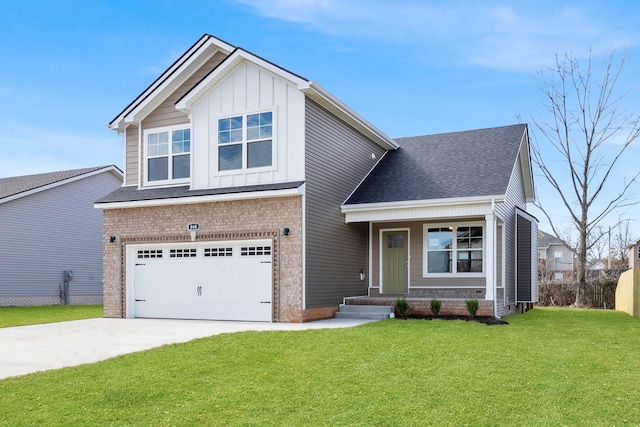 view of front of house with brick siding, an attached garage, board and batten siding, driveway, and a front lawn