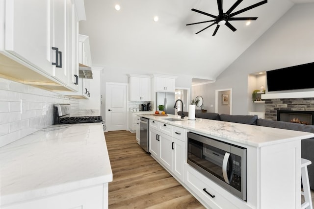 kitchen featuring light hardwood / wood-style flooring, stainless steel appliances, a stone fireplace, and backsplash