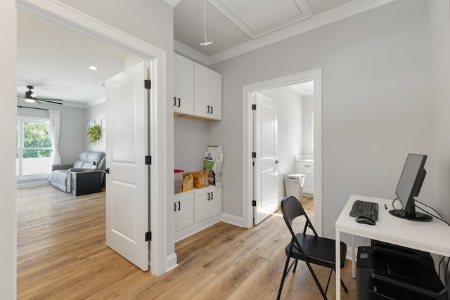 office area featuring ceiling fan, light hardwood / wood-style floors, and crown molding