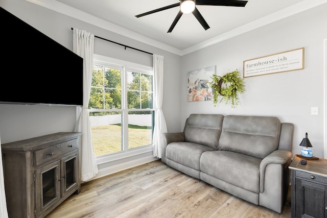 living room featuring ceiling fan, light wood-type flooring, and ornamental molding