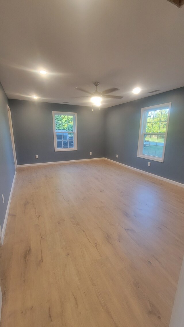 spare room featuring a wealth of natural light, light hardwood / wood-style flooring, and ceiling fan