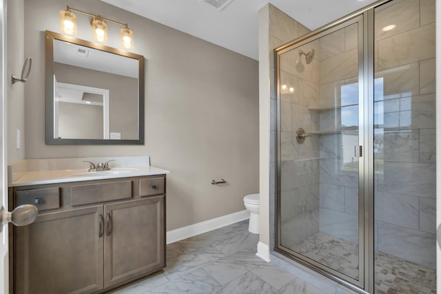 full bathroom featuring toilet, vanity, baseboards, marble finish floor, and a shower stall