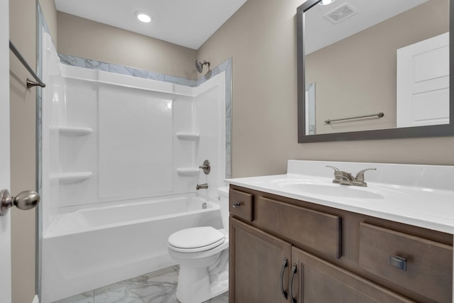 full bath featuring toilet, vanity, visible vents, marble finish floor, and shower / washtub combination