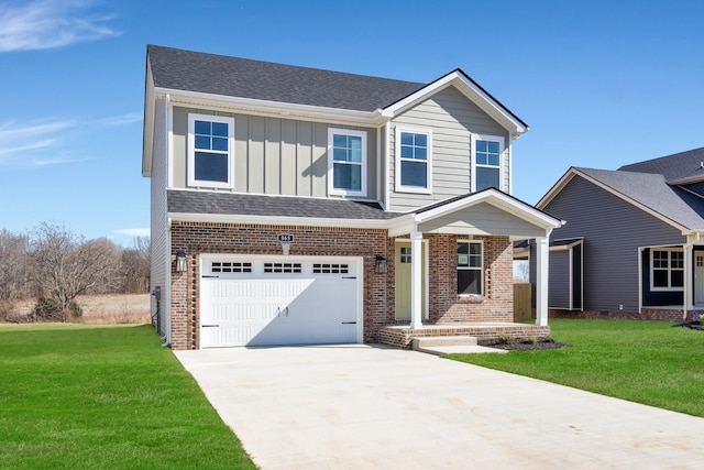 traditional-style home with an attached garage, brick siding, driveway, board and batten siding, and a front yard