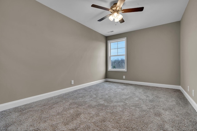 empty room with visible vents, baseboards, ceiling fan, and carpet flooring