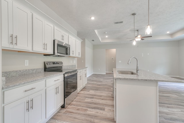 kitchen featuring sink, white cabinetry, a raised ceiling, an island with sink, and stainless steel appliances