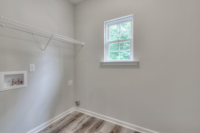 clothes washing area with electric dryer hookup, hookup for a washing machine, and wood-type flooring