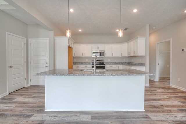 kitchen with white cabinetry, hanging light fixtures, an island with sink, and appliances with stainless steel finishes