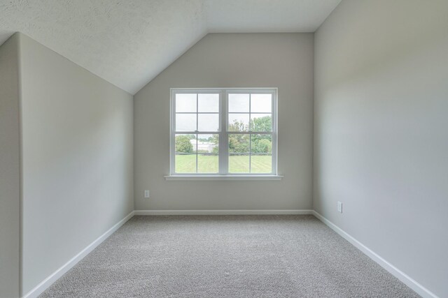 additional living space with carpet, vaulted ceiling, and a textured ceiling