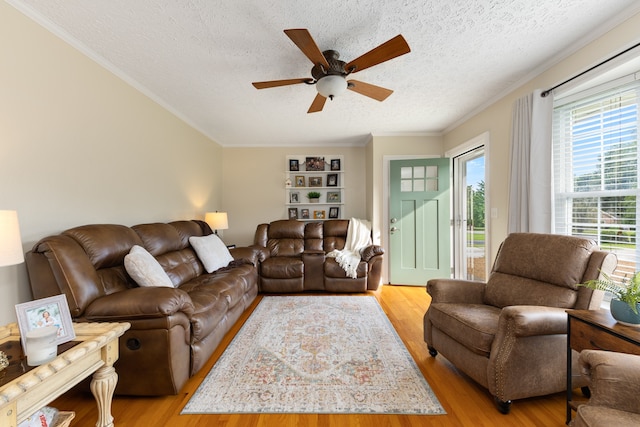 living room featuring a textured ceiling, light hardwood / wood-style flooring, and a healthy amount of sunlight