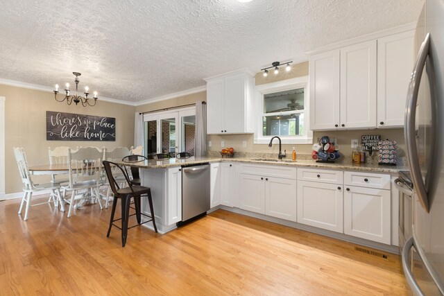 kitchen featuring rail lighting, appliances with stainless steel finishes, sink, and light hardwood / wood-style flooring