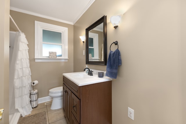 bathroom featuring tile patterned flooring, toilet, crown molding, and vanity