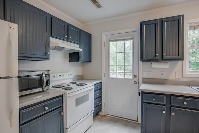 kitchen with white appliances and ornamental molding