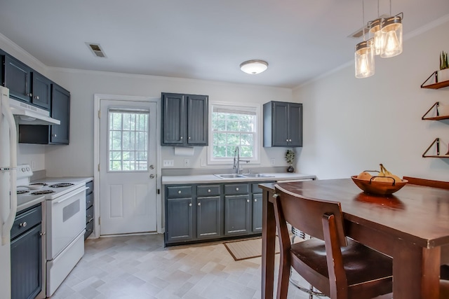 kitchen with ornamental molding, sink, pendant lighting, and white range with electric stovetop