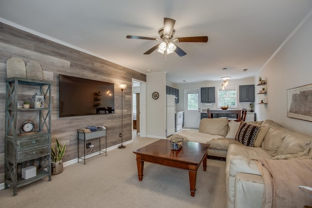 carpeted living room with wooden walls, ornamental molding, and ceiling fan