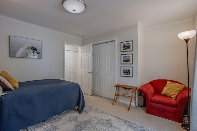 carpeted bedroom featuring crown molding