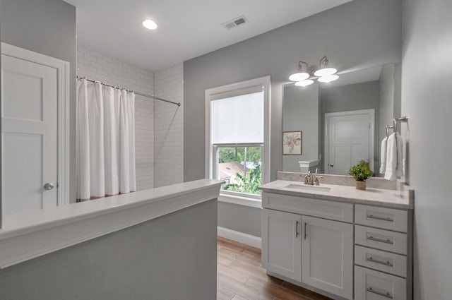 bathroom featuring hardwood / wood-style floors and vanity