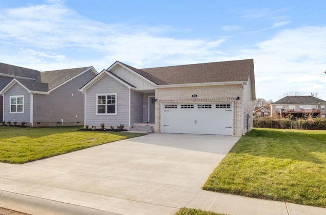 single story home featuring a front yard and a garage