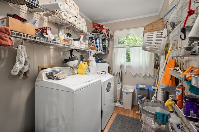 clothes washing area with independent washer and dryer, ornamental molding, and light hardwood / wood-style floors