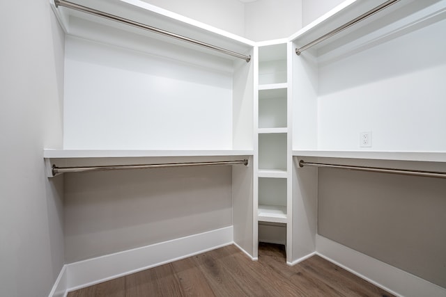 walk in closet with dark hardwood / wood-style flooring