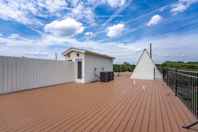 wooden terrace featuring central air condition unit