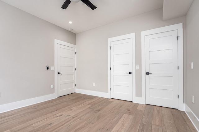 unfurnished bedroom featuring a ceiling fan, recessed lighting, baseboards, and light wood finished floors