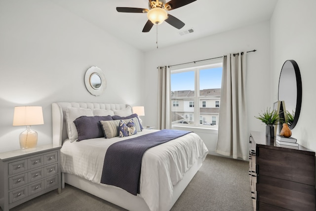 carpeted bedroom featuring ceiling fan