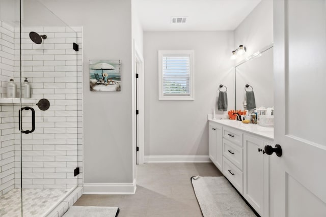 bathroom with a shower stall, visible vents, vanity, and baseboards