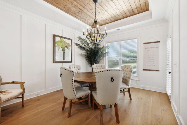 dining area featuring light hardwood / wood-style floors, wood ceiling, a tray ceiling, and a chandelier