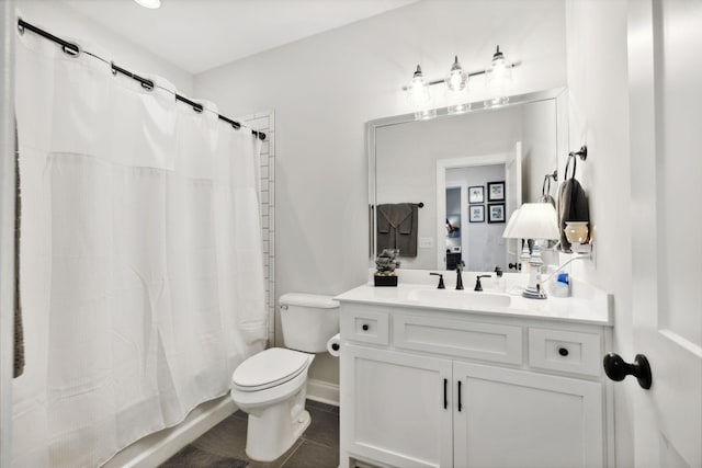 full bathroom with toilet, shower / bathtub combination with curtain, vanity, and tile patterned floors