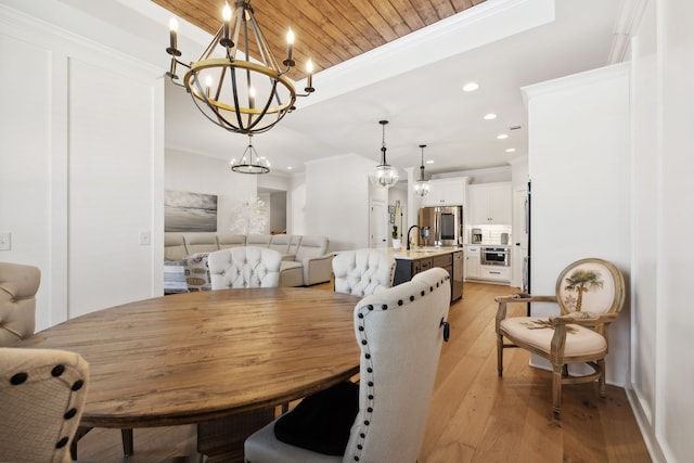 dining room with wood ceiling, light hardwood / wood-style floors, sink, a notable chandelier, and crown molding