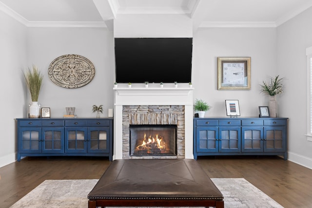 living room with a stone fireplace, ornamental molding, and dark wood-type flooring