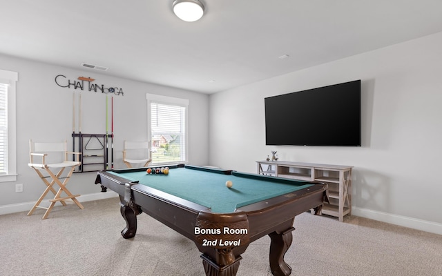 recreation room featuring carpet and billiards