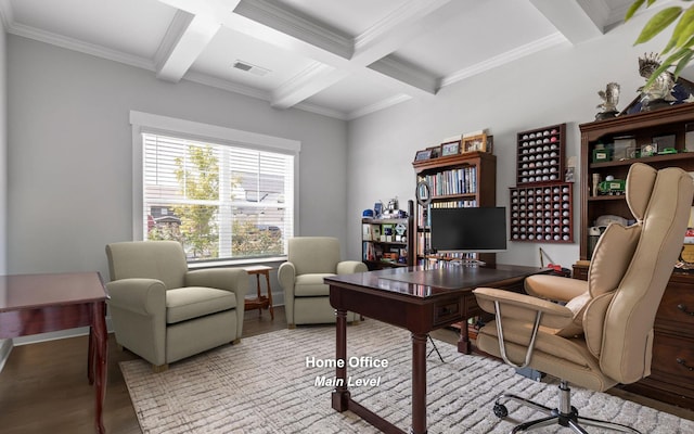 office space featuring ornamental molding, light hardwood / wood-style floors, coffered ceiling, and beamed ceiling