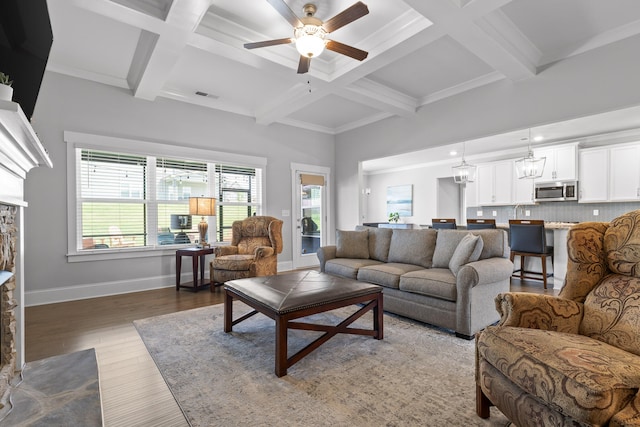 living room with coffered ceiling, ceiling fan with notable chandelier, beam ceiling, and dark wood-type flooring