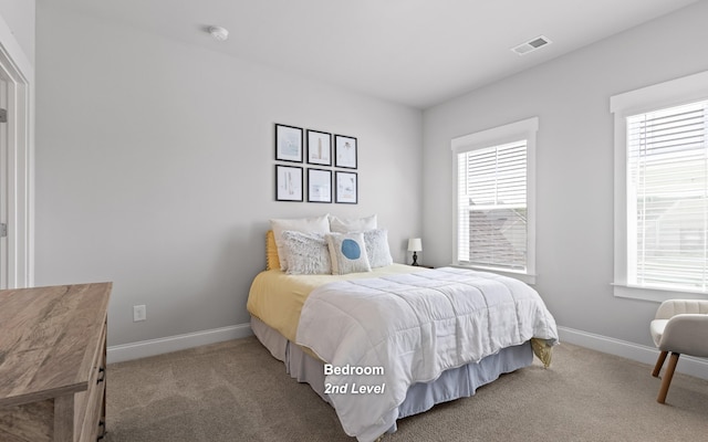 carpeted bedroom featuring multiple windows