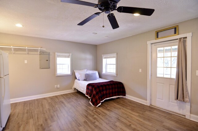 bedroom with ceiling fan, wood-type flooring, multiple windows, and electric panel