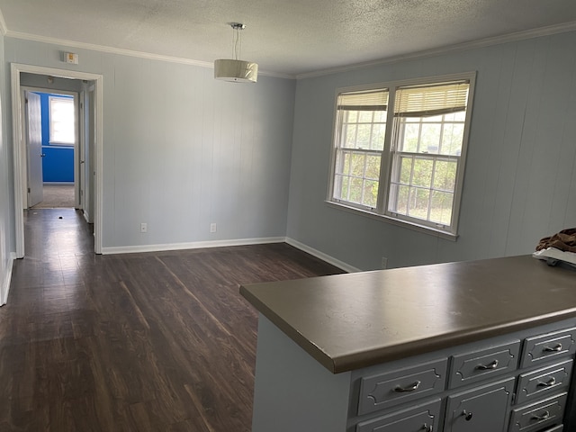 kitchen featuring gray cabinets, dark hardwood / wood-style floors, hanging light fixtures, and plenty of natural light