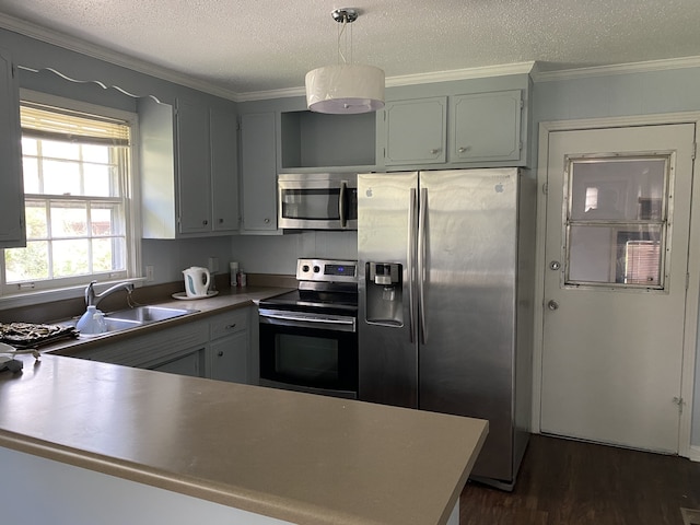 kitchen with stainless steel appliances, crown molding, sink, and dark wood-type flooring