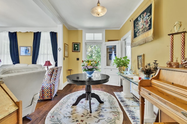 entryway with dark hardwood / wood-style floors and crown molding