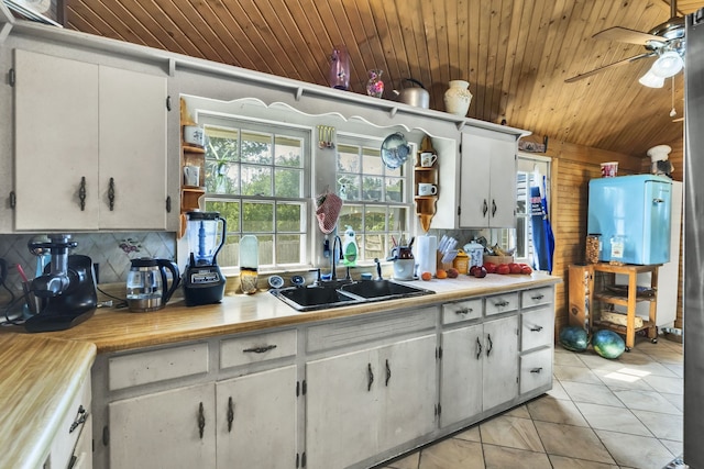 kitchen with white cabinets, wood ceiling, sink, backsplash, and ceiling fan